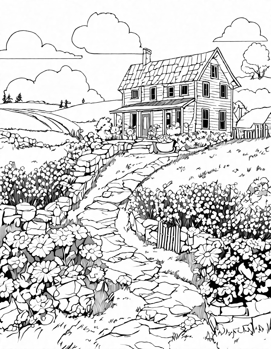 charming coloring page of a cozy farmhouse amidst golden haystacks in a serene countryside setting in black and white