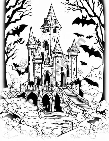 coloring page of a vampire's lair in a ruined castle, with gothic arches, bats, and an open coffin in black and white
