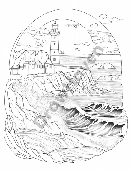 Coloring book image of iconic lighthouse on rugged cliffs with crashing waves and a sunset glow in black and white