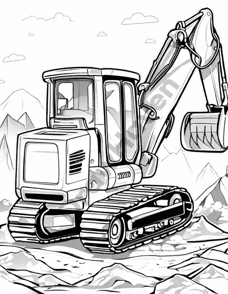 coloring book image of a track loader at a construction site with a building structure in the background in black and white