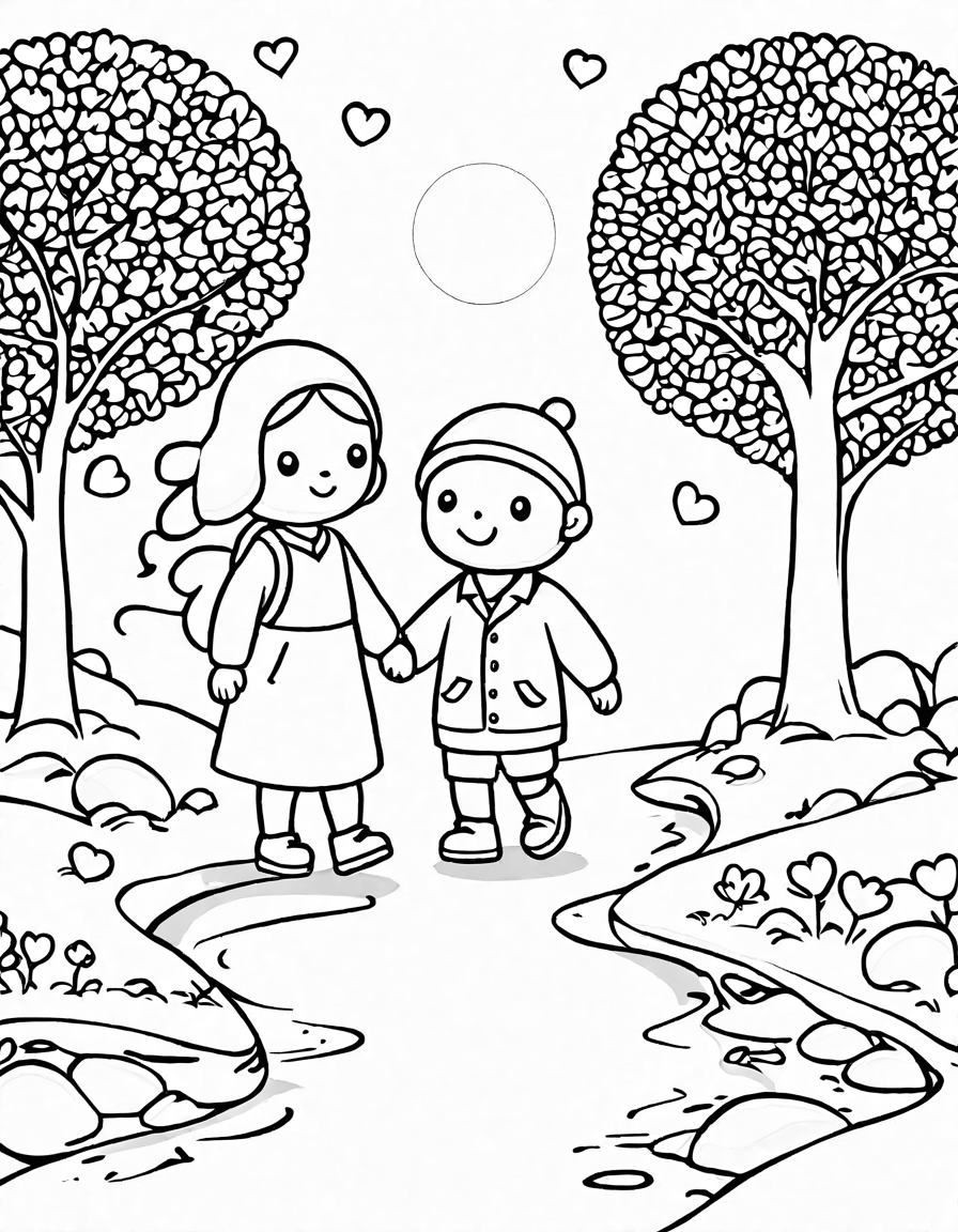 coloring page of lovers walking on a petal-covered path in a magical landscape in black and white