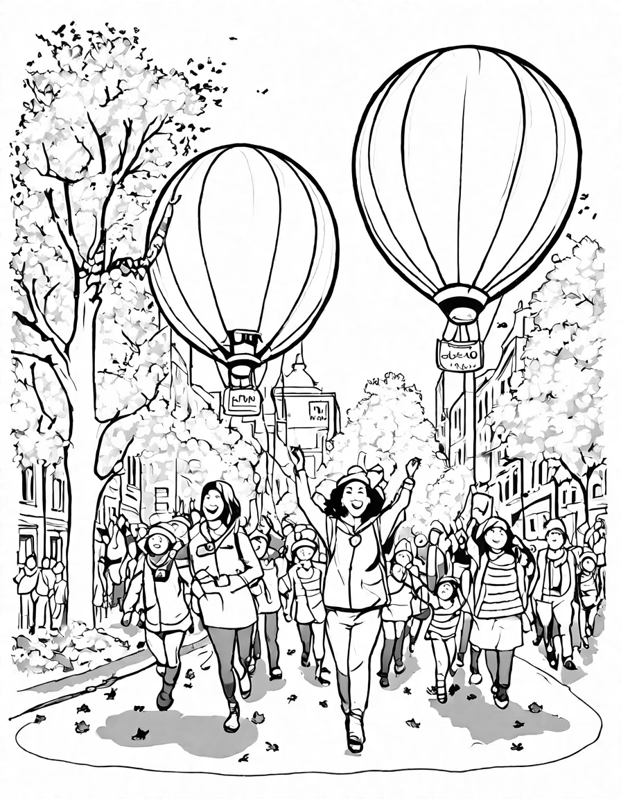 grand thanksgiving parade coloring book image with balloons, bands, and autumn decor in black and white