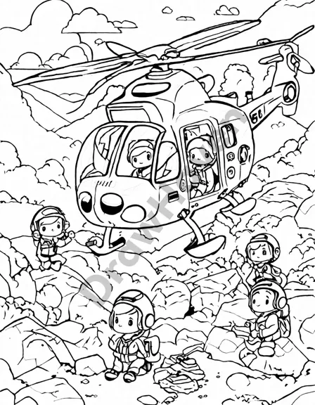 coloring book page of rescue helicopters over mountains, inspiring young artists with adventurous imagery in black and white