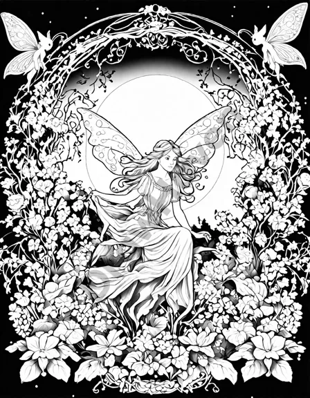 Coloring book image of enchanting fairy garden gathering by moonlight with dancing fairies and musical elves in black and white