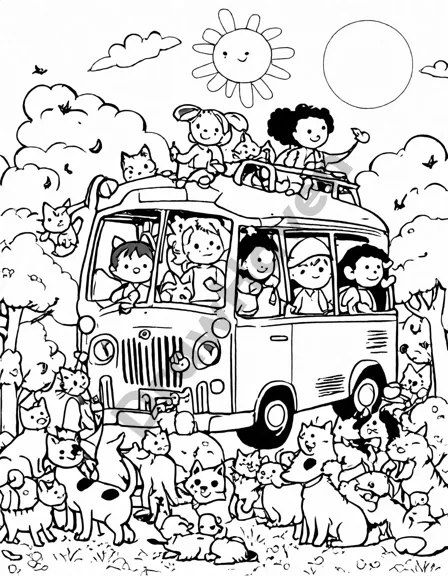coloring page of the wheels on the bus with children, animals, and sunny scenery needing color in black and white