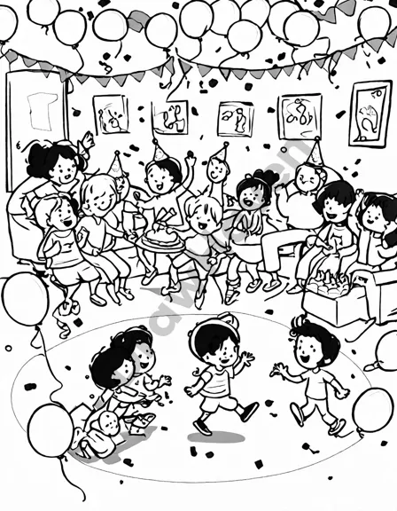 children playing musical chairs at a birthday party with cake and balloons in a coloring page in black and white