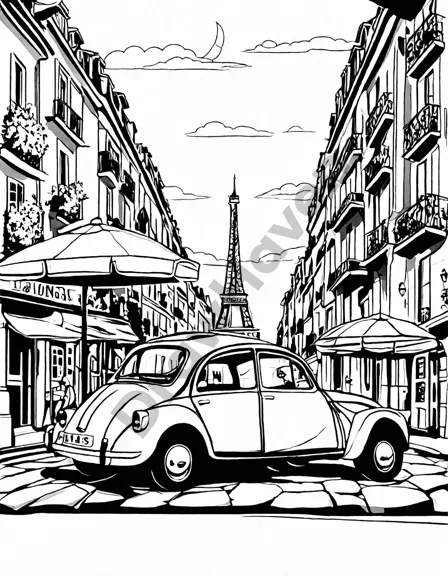 coloring book image of paris streets with eiffel tower, a vintage car, and a couple sharing an umbrella in black and white