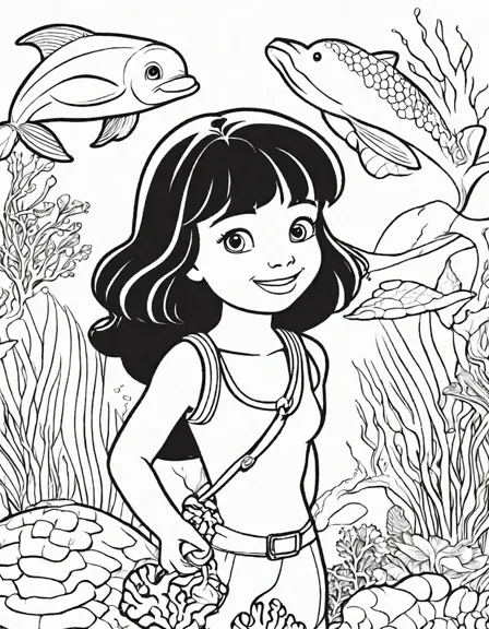 whimsical coloring book page featuring dora, boots, a mermaid, dolphins, and vibrant sea creatures under the sea in black and white