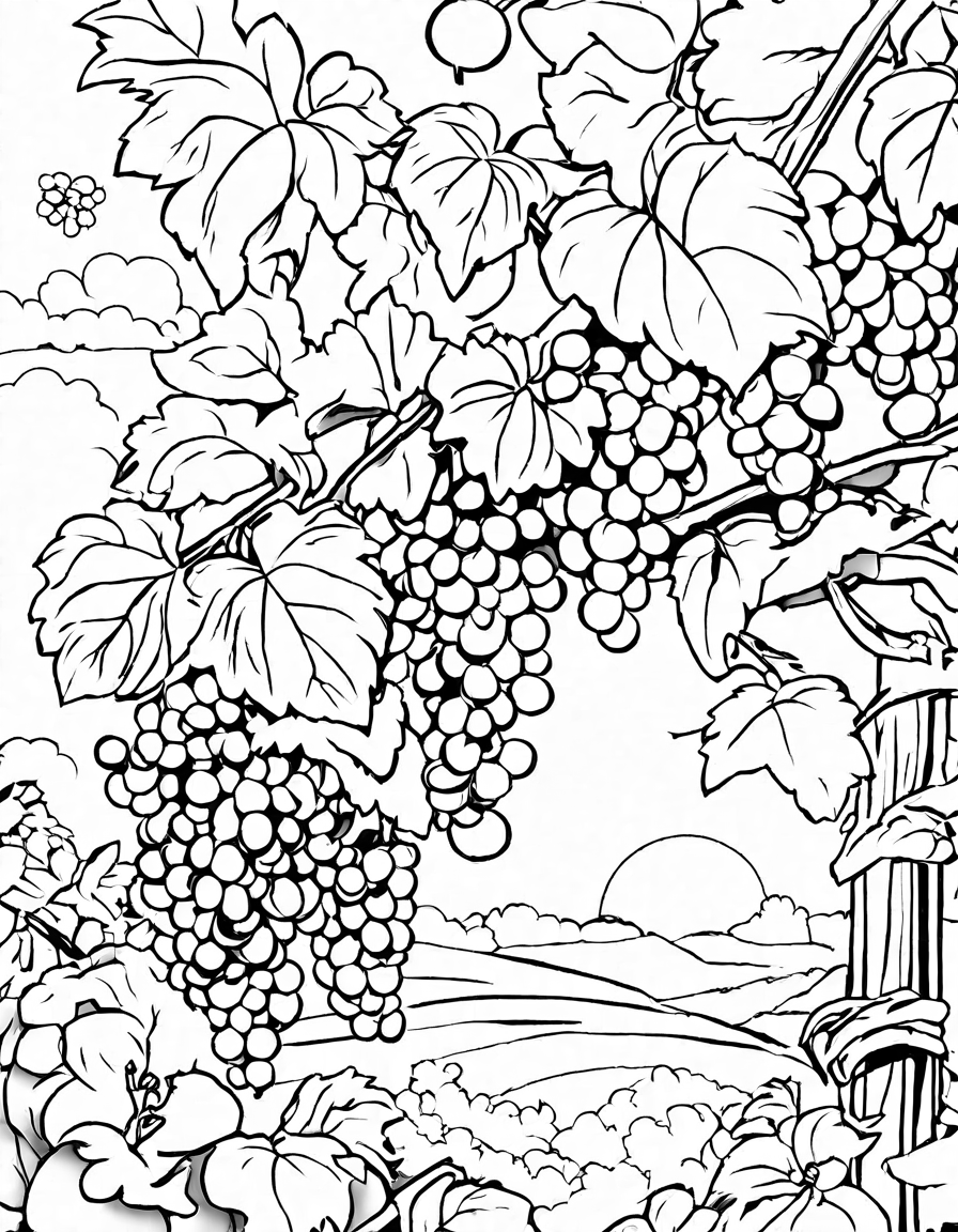 intricate coloring page of a lush vineyard with verdant leaves and glistening grapes, inviting immersion in nature's vibrant depths in black and white