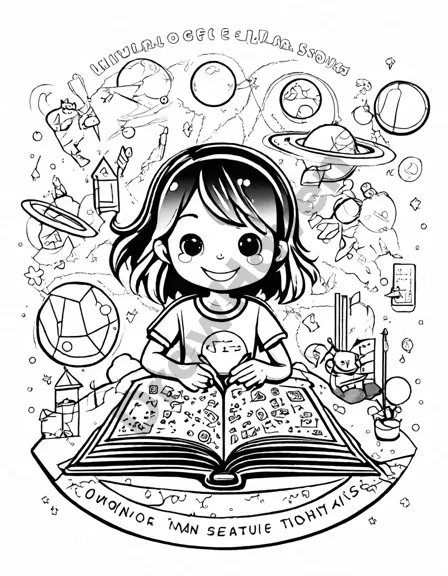 children exploring a magical math puzzle book in a whimsical classroom coloring book image in black and white