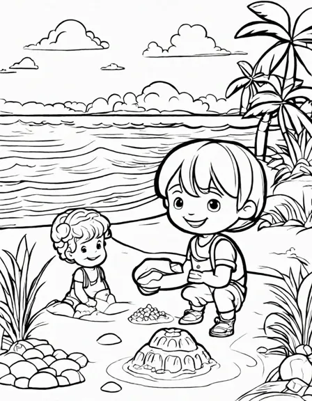 cocomelon friends building sandcastles on a sunny beach coloring page in black and white