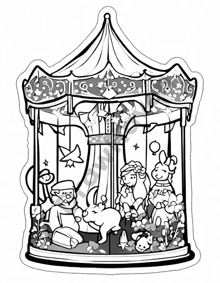 Coloring book image of enchanted fair in twilight town with colorful tents, magical performances, and a grand carousel in black and white