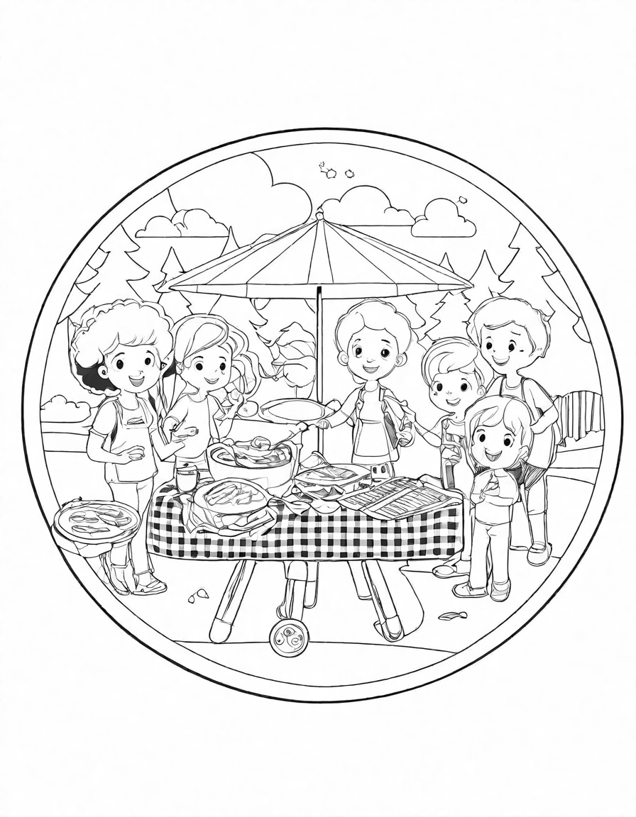 coloring page of a summer bbq with people cooking, playing, and enjoying in a backyard in black and white
