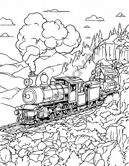 coloring book image of a steam train through mountains and tunnels in black and white