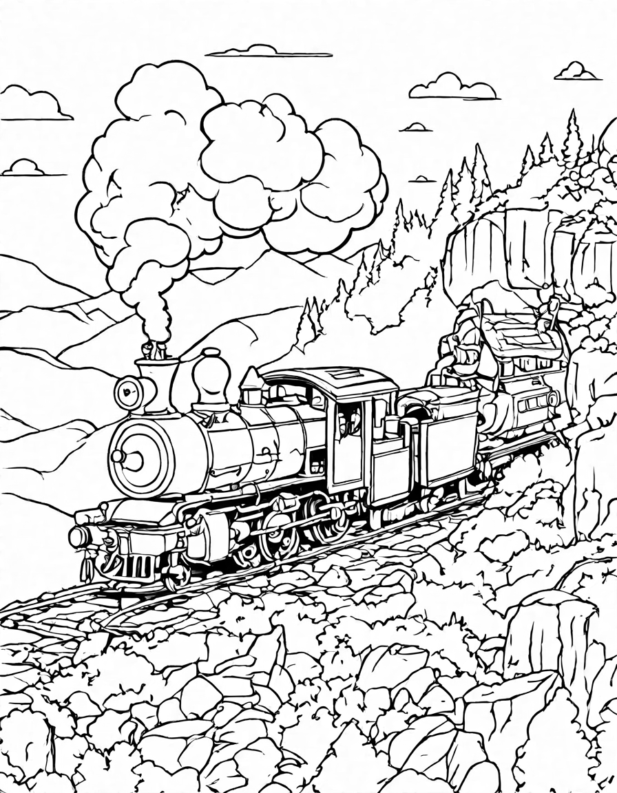 coloring book image of a steam train through mountains and tunnels in black and white