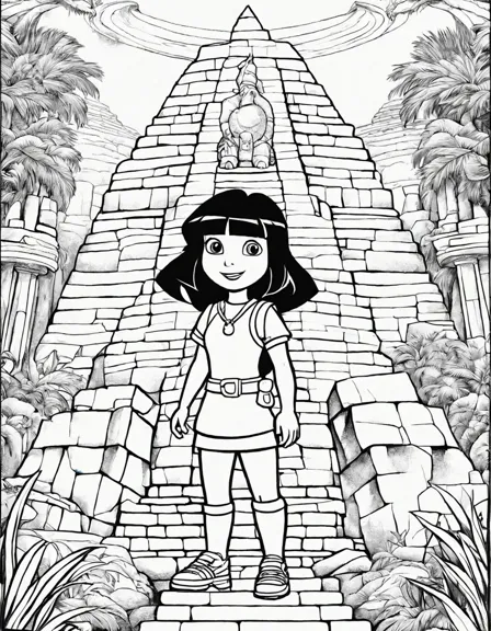 Coloring book image of dora the explorer stands before an ancient pyramid, hieroglyphs beckoning her inside in black and white