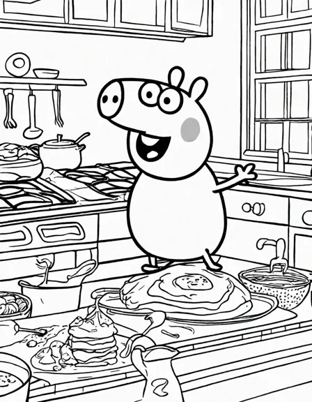 daddy pig enthusiastically flips golden pancakes in a heartwarming peppa pig coloring page in black and white