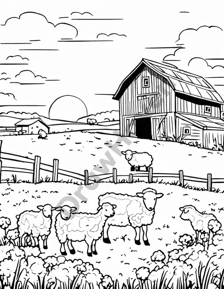 coloring page of a sunset over a farm with animals and a barn in black and white