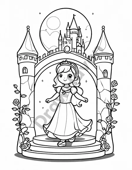 Coloring book image of princess dancing in a magical castle courtyard under a full moon, with etched roses and vines in black and white