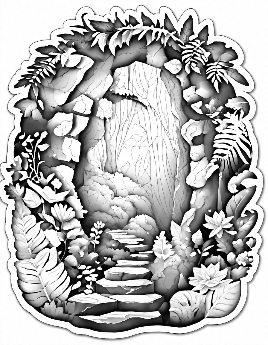 coloring page of a majestic dragon guarding treasures in a mystical cave surrounded by magical flora in black and white