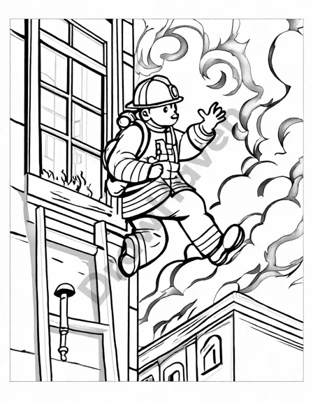 firefighter rescuing kitten from blaze in coloring book image in black and white