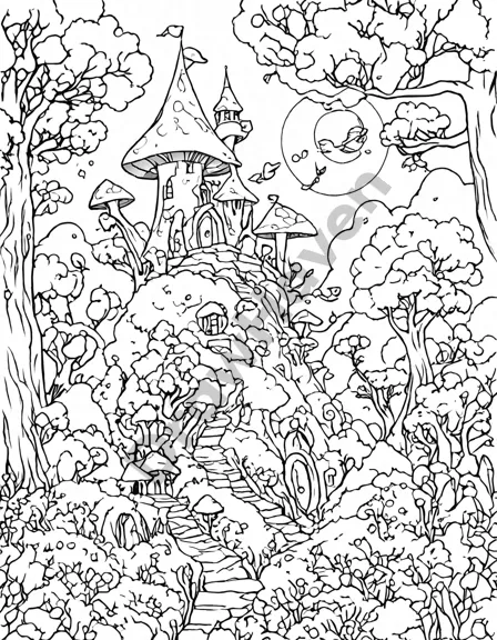enchanted scene in mystical forest of whispers with ancient trees, fairies, and mysterious castle for coloring enthusiasts in black and white