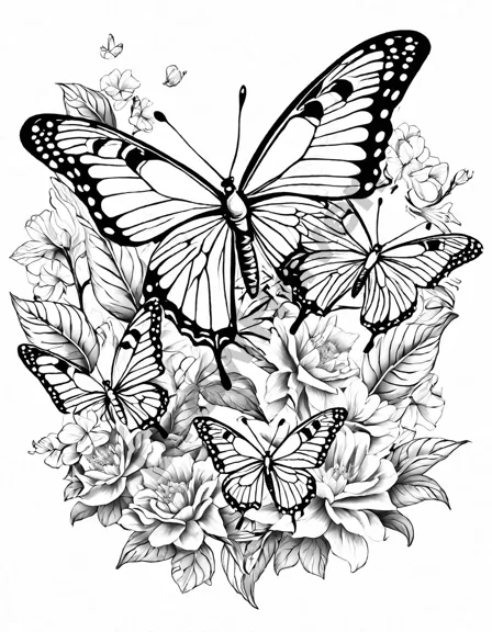 coloring page featuring rainbow-winged butterflies among sunlit flowers, awaiting creative coloring in black and white