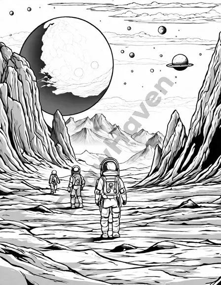 coloring page of astronauts and rovers exploring mars with earth in the background in black and white
