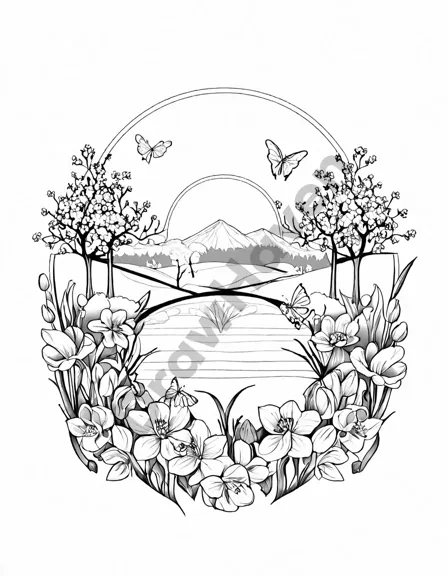 spring blossoms in full bloom coloring page with cherry blossoms, tulips, daffodils, butterflies, and bees in black and white
