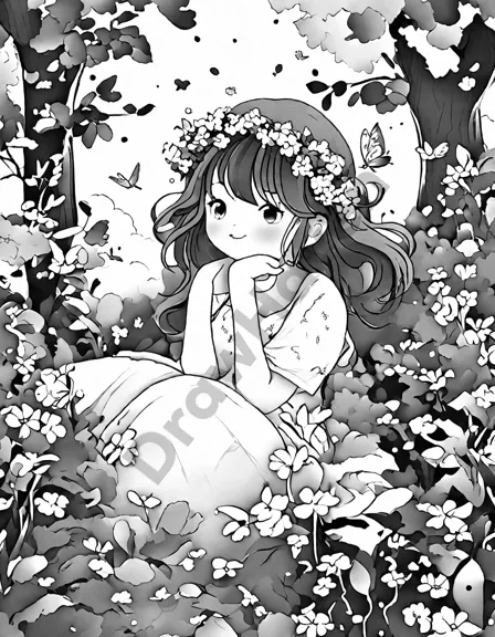 Coloring book image of enchanting fairy garden with delicate fairy wings, swirling leaves, and vibrant flowers, inviting you into a realm of serene magic and whimsy in black and white