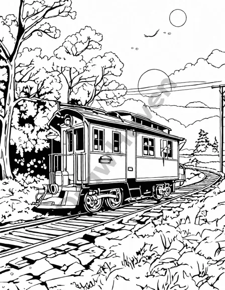 Coloring book image of vintage caboose on tracks at sunset with detailed wood paneling and rolling hills backdrop in black and white