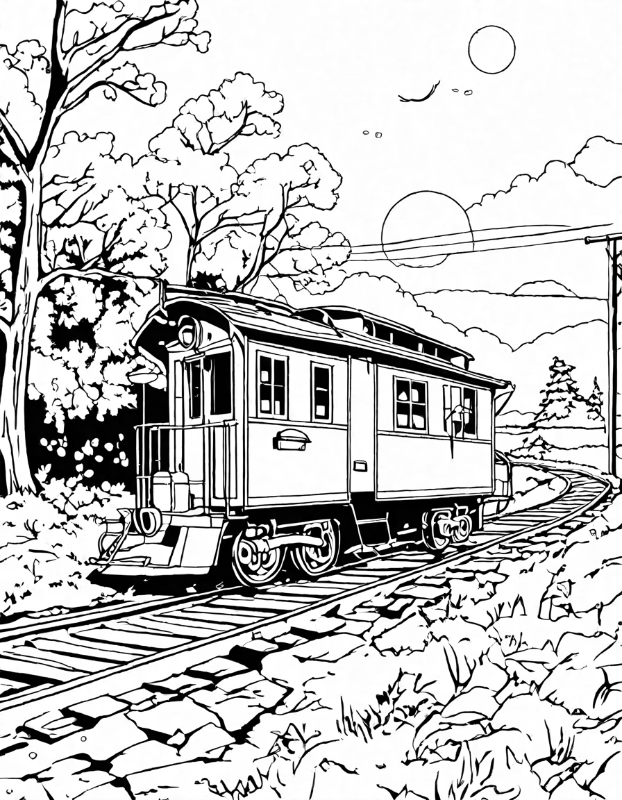 Coloring book image of vintage caboose on tracks at sunset with detailed wood paneling and rolling hills backdrop in black and white
