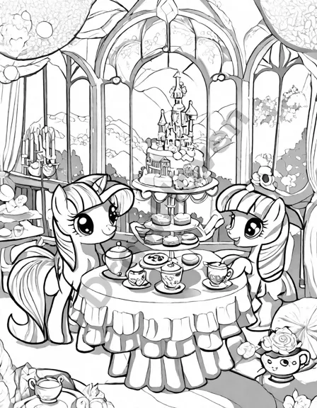 Coloring book image of twilight sparkle and her friends host an enchanted tea party in ponyville's castle ballroom in black and white