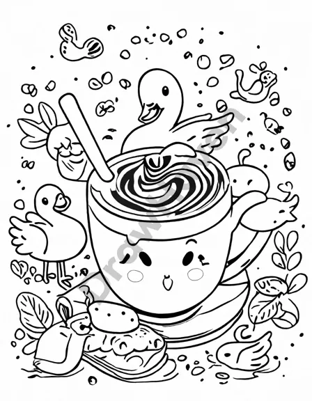 Coloring book image of discover the artistry of coffee art in latte art masterpieces. unleash your creativity with intricate & alluring designs, from delicate rosettas to whimsical swans in black and white