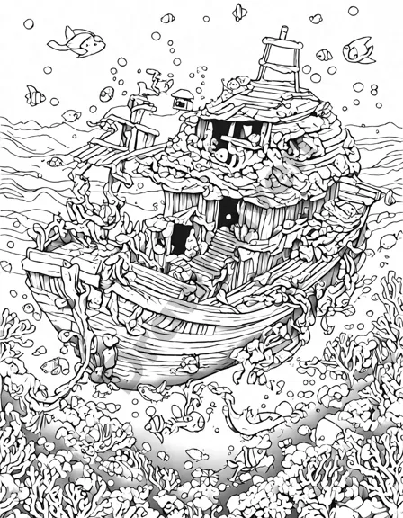 underwater coloring page of an ancient shipwreck surrounded by marine life, coral, and hidden treasures in black and white