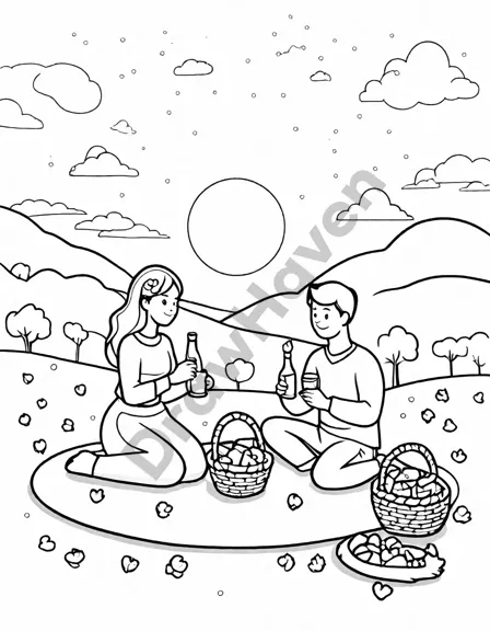 coloring page of a romantic sunset picnic with a couple, food basket, and candles in black and white
