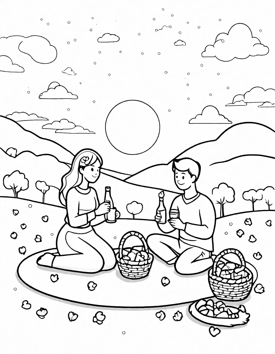 coloring page of a romantic sunset picnic with a couple, food basket, and candles in black and white