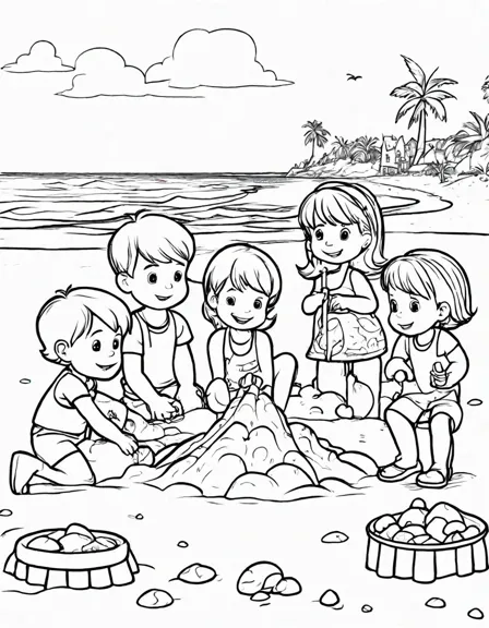 immerse in cocomelon beach's vibrant world with jj and friends as they build sandcastles and splash in the waves in this enchanting coloring page in black and white