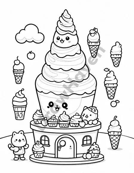 coloring page featuring ice cream artisans making scoops with various toppings, flavors, and whimsical decor in black and white