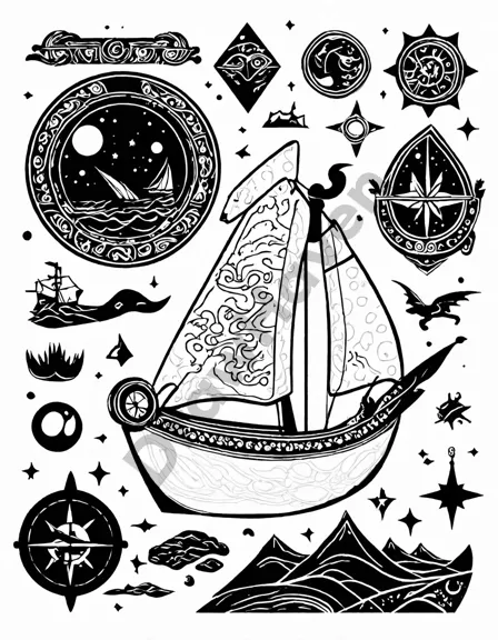 coloring book image of vikings navigating by stars on a longship under a starlit sky in black and white