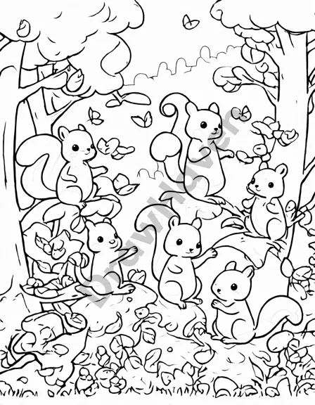 Coloring book image of enchanted woodland scene featuring squirrels playing amidst towering trees with lush greenery and dancing leaves in black and white