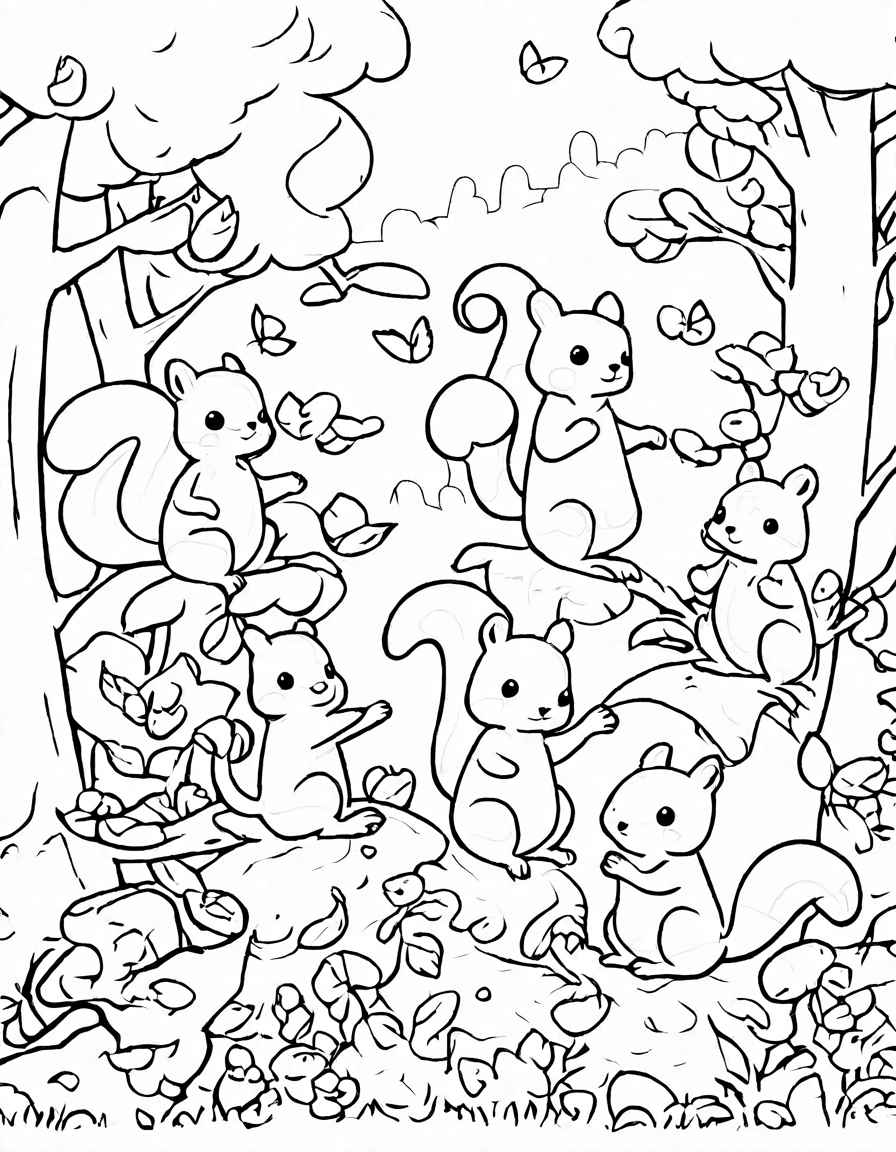 Coloring book image of enchanted woodland scene featuring squirrels playing amidst towering trees with lush greenery and dancing leaves in black and white