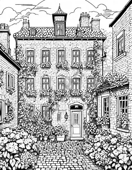 charming red brick village houses on cobblestone streets, adorned with window frames and lush gardens, on a coloring book page in black and white