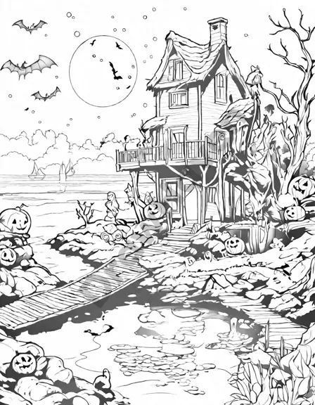 Coloring book image of eerie moonlit haunted lake with ancient trees and a dilapidated mansion adding to the halloween atmosphere in black and white
