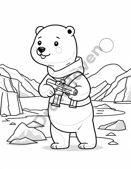 Coloring book image of polar bear approaching seal on ice in dramatic colouring book illustration in black and white