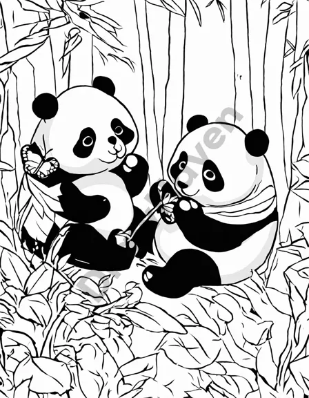 coloring page of a panda family feasting in a bamboo forest with intricate details in black and white