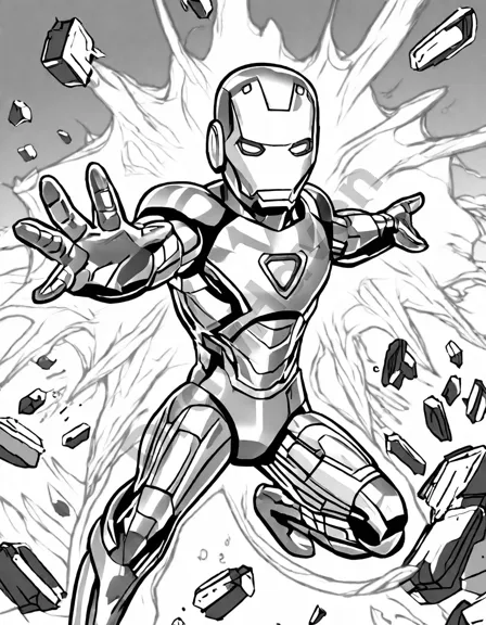 Coloring book image of iron man in flight with repulsor blasts at the ready in black and white