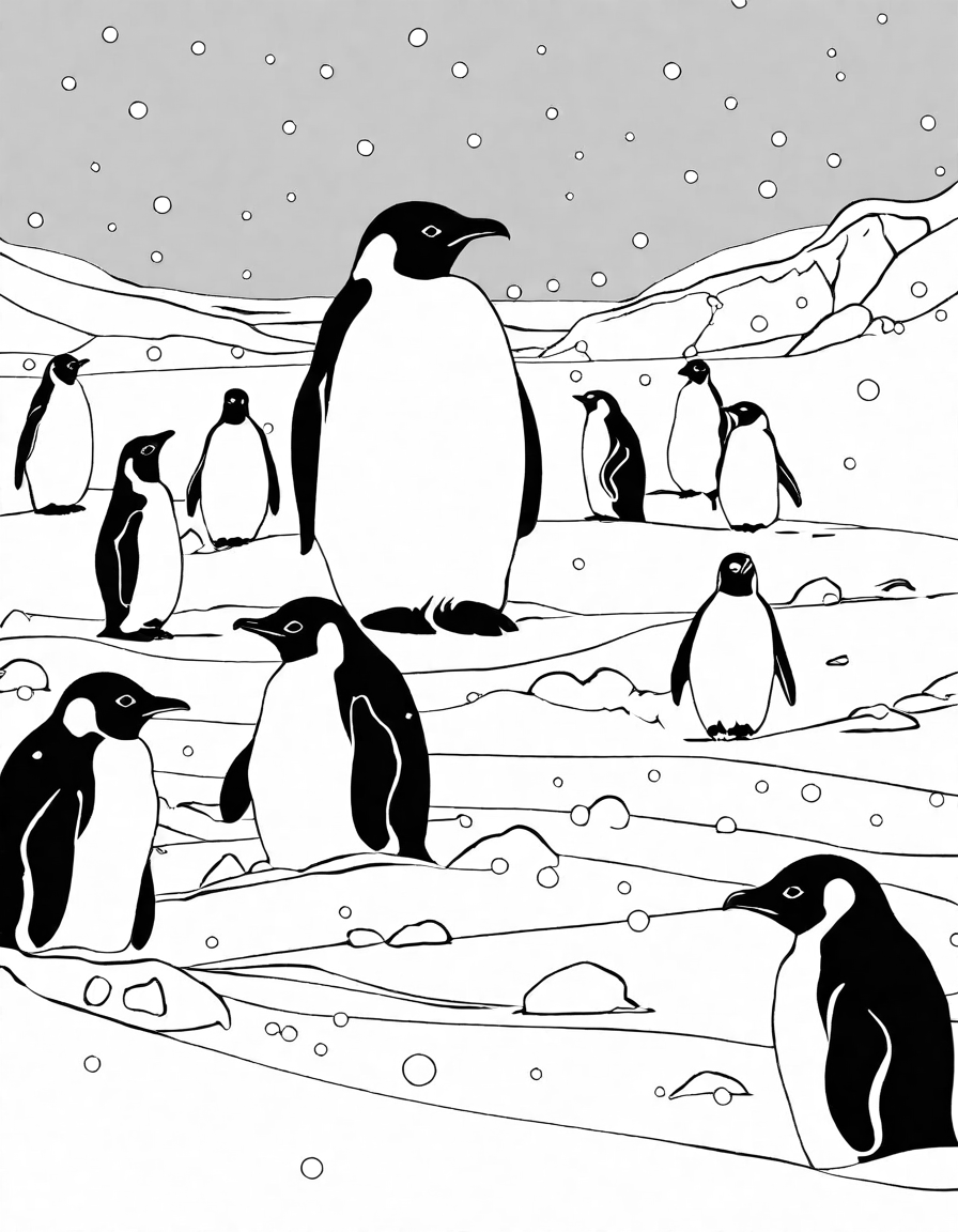 Coloring book image of emperor penguin parents and chicks marching across snowy antarctic landscape in black and white