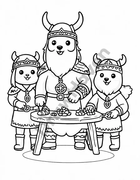 detailed coloring book page of viking chieftains in a grand hall planning a voyage in black and white