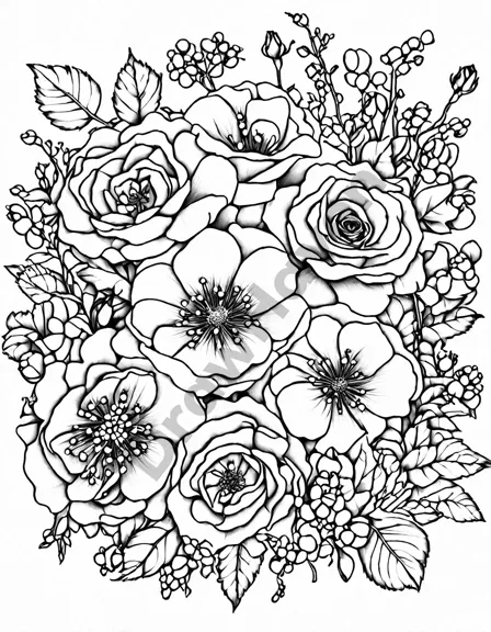 floral symphony: an intricate arrangement coloring page with detailed flowers for immersive creativity in black and white